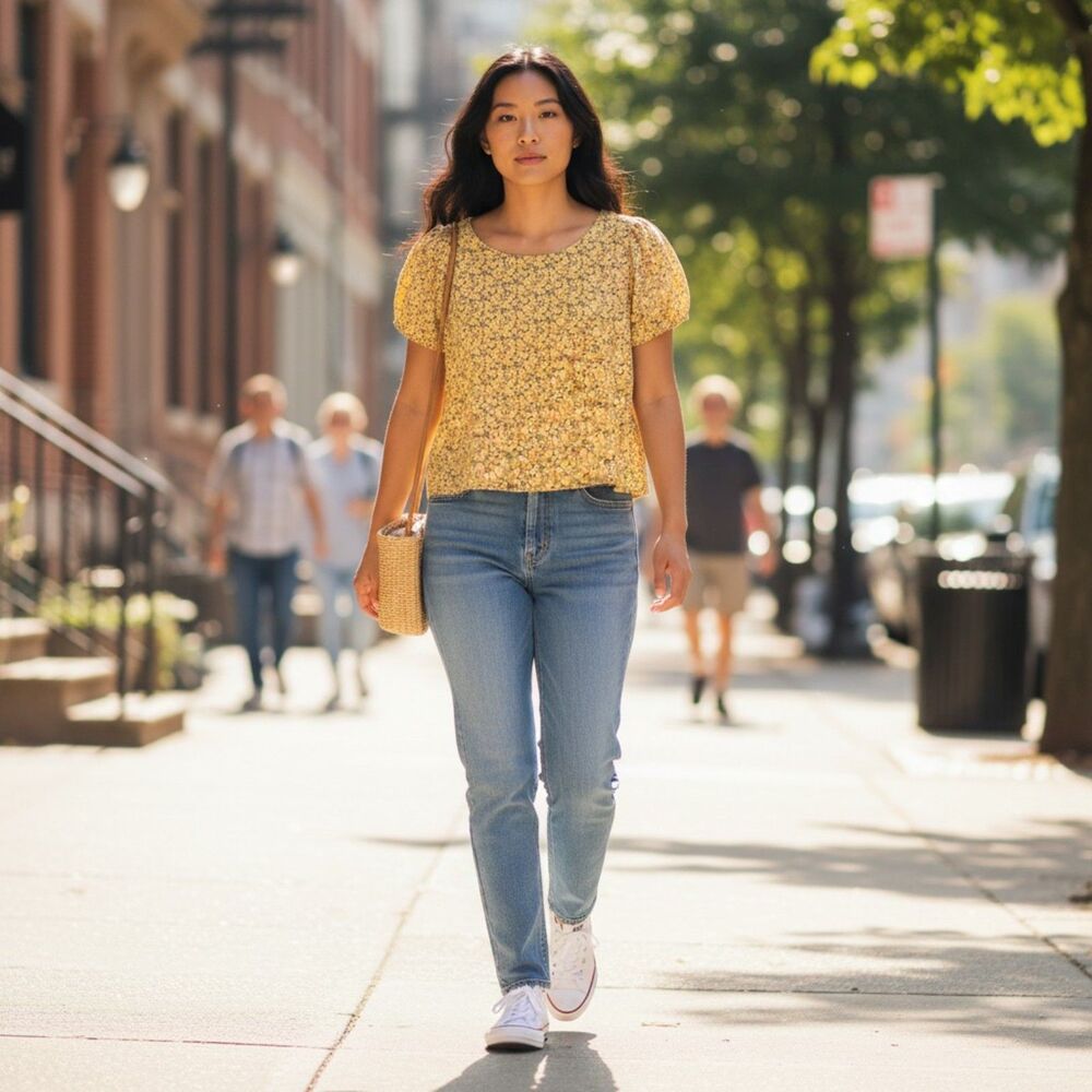 Yellow Ditsy Floral Puff Sleeve Crop Top Open Back V-String Size L